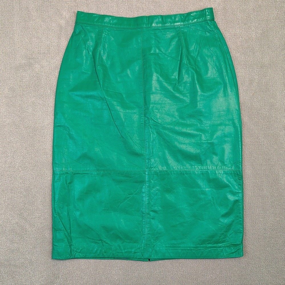 Jarrod's Vintage Green Leather Skirt Womens 14 High Waist Pencil Midi 80s 90s